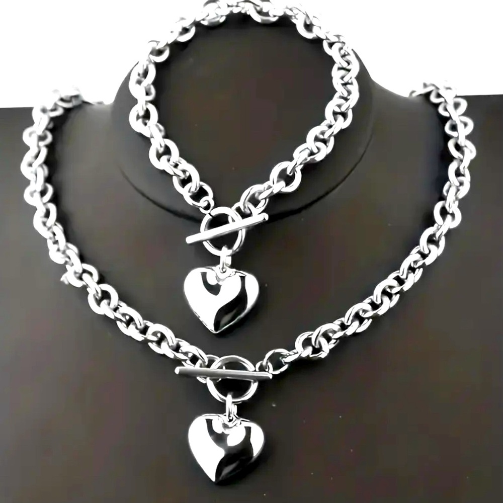 2pcs Titanium Steel Jewelry Set, Heart Pendant Necklace and Bracelet, Unisex